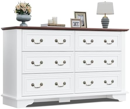 WLIVE Farmhouse Dresser for Bedroom, 51.97'' Wide Wood White Dresser with 6 Drawer, Chest of Drawers with Roman Metal Handle, TV Stand for 60 inch TV, for Living Room, Hallway