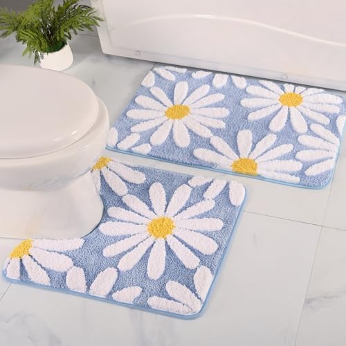 QJHOMO Bathroom Rugs Set 2 Piece, Cute Daisy Bath Mat Blue Toilet Rug U Shaped, Flower Deocr Bathroom Set Non Slip Contour Bathmat, Super Absorbent Microfber Floor Mats Machine Washable Carpets
