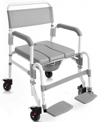Vive Rolling Commode & Shower Chair with Wheels - 3 in 1 Transport Wheelchair for Inside Bathroom & Bedside - for Disabled Adults, Elderly, Seniors & Handicap