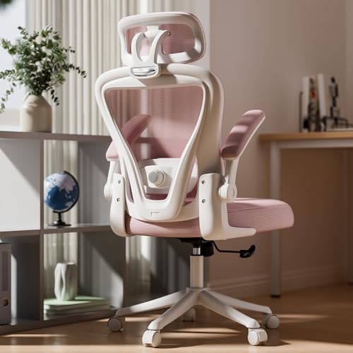 Computer Desk Chair, Ergonomic Office Chair M903 with Wheels, High Back Mesh Office Chair with Adjustable Lumbar Support, Headrest, Flip-Up Armrests, Pink
