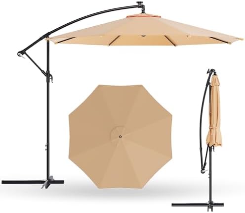 10FT Offset Patio Umbrella Hanging Cantilever Umbrella Outdoor Sun Shade with Wind Vent & Adjustment 0-45° Tilt, 8 Ribs, UV-Block Polyester Outdoor Umbrella for Backyard, Lawn, Garden &Pool,Tan