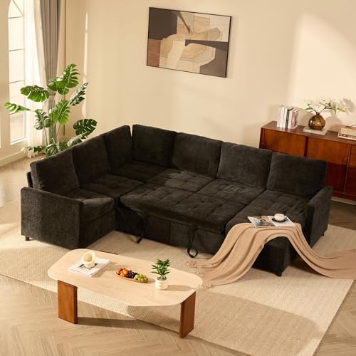 107" Modular Sectional Sleeper Sofa with Pull Out Bed, U Shaped Sectional Couch with Storage, Extra Wide and Deep Seat Couches for Living Room, Removable Sofa Cover, Chenille, Black