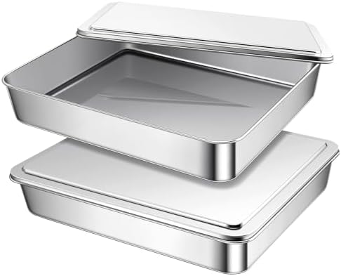 2 Sets Stainless Steel Cake Pan with Lid 9 x 11 Inch Rectangle Bread Loaf Pans with Cover Rectangle Baking Bakeware for Bread Cake Brownies, Dishwasher Safe (Classic Style)