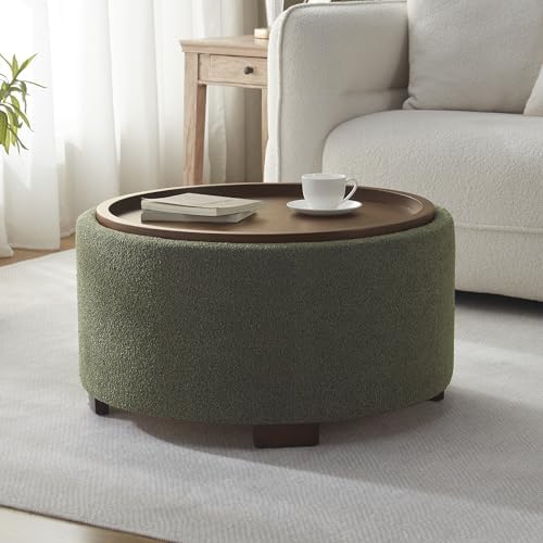 30 Inch Round Storage Ottoman Coffee Table, Modern Boucle Ottoman with Lift-Off Lid and Solid Wood Legs for Living Room, Bedroom, Corners, Apartments (Green)