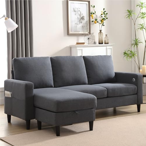 Convertible Sectional Couches for Living Room, L-Shaped Couch 3 Seats Sofas with Storage Chaise & TPC Charging Port, Small Sofa for Apartment, Compact Spaces, Linen, Dark Grey