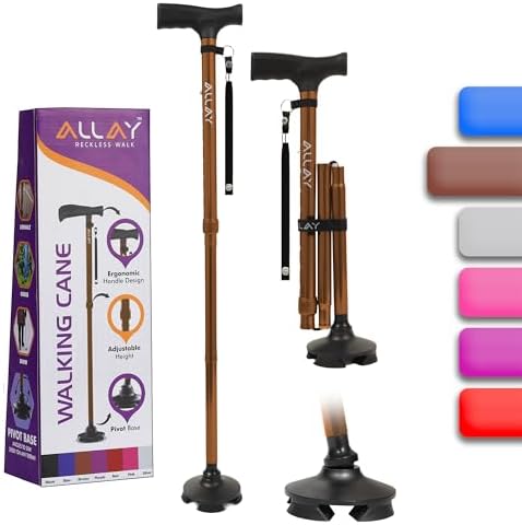 Allay Walking Cane for Men & Women - Foldable, Adjustable, Collapsible Walking Canes for Seniors Balance, Free Standing, Pivot Tip, Heavy Duty, with Travel Bag | Walking Sticks for Seniors & Adults