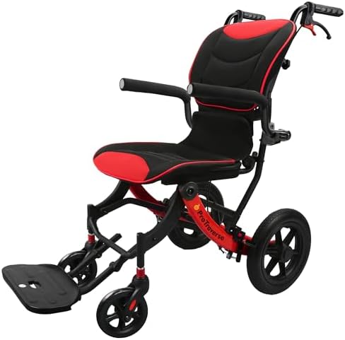 Wheelchairs for Adults,Transport Wheelchair Lightweight Foldable with Removable Cushion,Ergonimic Transfer Chair with 12-inch Rear Wheels for All Terrains,Travel Wheelchair,Red