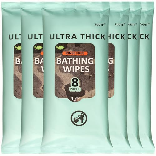 6 Packs Shower Wipes Rinse Free, Body Wipes for Adults Bathing During Camp and Gym, Thick & Soft Personal Bath Wipes Travel Size Adult Unscented Washcloths Women and Men for All-Day Freshness