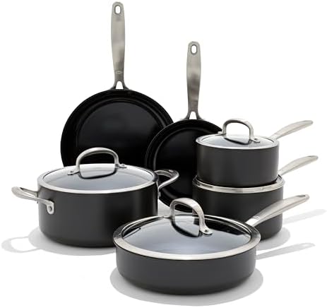 OXO Good Grips Pro 10 Piece Cookware Pots and Pans Set, 3-Layered German Engineered Nonstick Coating, Stainless Steel Handle, Dishwasher Safe, Oven Safe, Black