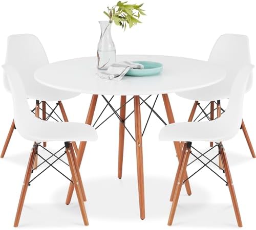 Best Choice Products 5-Piece Dining Set, Compact Mid-Century Modern Table & Chair Set for Home, Apartment w/ 4 Chairs, Plastic Seats, Wooden Legs, Metal Frame - White/Walnut