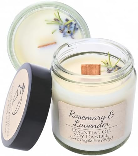 Crisp Herbal Floral | Rosemary & Lavender | Hand Crafted Plant Derived Candles | 23 Hour Burn | Pure Soy Candle Wooden Wick | Natural Essential Oil Scented Aromatherapy | Aroma for Home & Office | 3oz