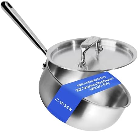 Misen 5-Ply Stainless Steel Saucier with Lid– Induction-Compatible Pan with Curved Sides for Smooth Stirring - Oven Safe to 800F – Even Heat Distribution & Ergonomic Handle - 3 QT