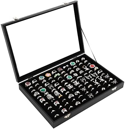 100 Slots Ring Case Organizer Display Box,Rings Holder Storage Boxes for Jewelry Showcase with Glass Lid (Black Velvet).