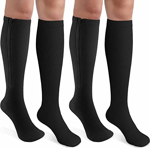 CASMON 2 Pairs Zipper Compression Socks for Women & Men,15-20 mmHg Closed Toe Knee High Support Sock for Varicose Vein Edema