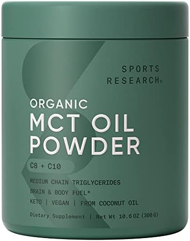 Sports Research Organic MCT Oil Powder - Keto & Vegan MCTs C8, C10 from Coconuts - Fatty Acid Brain & Body Fuel, Non-GMO & Gluten Free - Unflavored, Perfect in Coffee, Tea & Protein Shakes - 10.6 oz