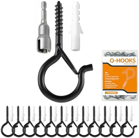 40 PCS Q-Hanger Hooks with Safety Buckle, Windproof Screw Wall Ceiling Hooks for Outdoor String Lights Hanging Christmas Lights, Plants, with 1 Wing Nut Driver