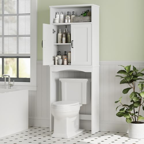 Over The Toilet Storage Cabinet, Over Toilet Bathroom Organizer with Adjustable Shelf and Double Doors, Space Saver Shelf Above Toilet Storage Cabinet (White)