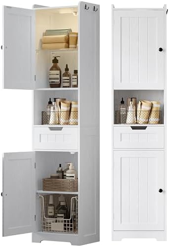 LIKIMIO 68" Tall Bathroom Storage Cabinet with Lights, Narrow Bathroom Storage Cabinet with Adjustable Shelves & 2 Hooks, Slim Freestanding Cabinet for Small Space, Kitchen, Living Room, White