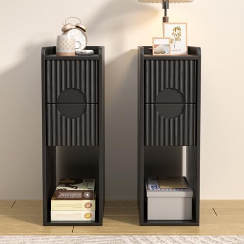 Black Night Stand Set of 2, Narrow Nightstand with Drawers, Small Bedside Table, Skinny Bed Side Table, Modern Nightstand for Bedroom, Living Room, Wood, Fluted, Black