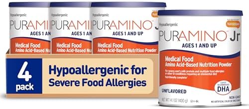 PurAmino Junior Hypoallergenic Toddler Drink, for Severe Food Allergies, Omega-3 DHA, Iron, Immune Support, Vanila Powder Can, 14.1 Oz (Pack of 4)