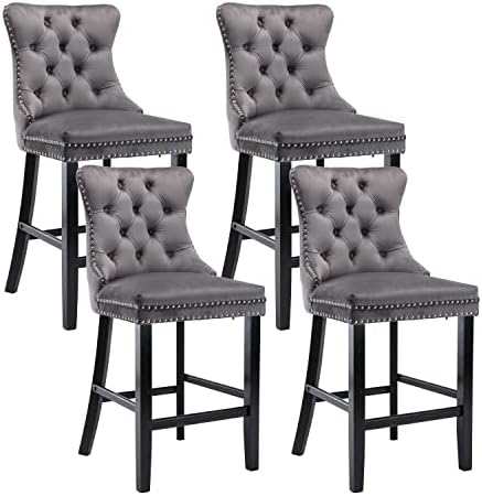 Virabit Velvet Bar Stools Set of 4, 27" Counter Height Bar Stools with Button and Nailhead Trim, Upholstered Bar Stool with Back and Wooden Legs, for Kitchen, Cafe, Pub (Grey)