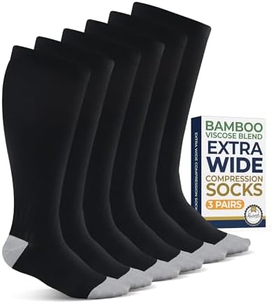 Pembrook 3 Pairs Plus Size Compression Socks Wide Calf - Bamboo Viscose Compression Socks Men XXL, Knee High, Black