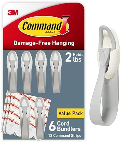 Command Cord Bundlers, Damage Free Hanging Cord Organizer, No Tools Cord Bundler for Hanging Electrical Cables, 6 Gray Cord Bundlers and 12 Command Strips
