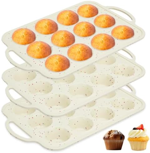 Mototo Silicone Muffin Pan Set of 3-12 Cups Cupcake Baking Mold with Metal Frame Nonstick BPA Free Silicone Cupcake Pan with Handle For Baking Muffin Tray for Egg Bite, Cornbread, Brownies, Cream