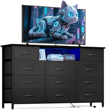 YGEOMER 59in Long Black Dresser for Bedroom TV Stand with Charging Station and LED Lights, Black Dresser with 11 Drawers, Fabric Chest of Drawers with PU Finish for Bedroom, Entryway