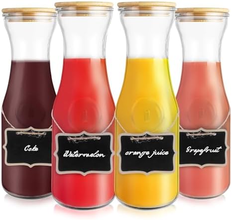 Glass Carafe with Bamboo Lid,35 Oz Beverage Dispensers Juice Bottles,Mimosa Bar Supplies,Clear Glass Pitcher with Name Labels for Iced Tea,Coffee,Juice(Set of 4)