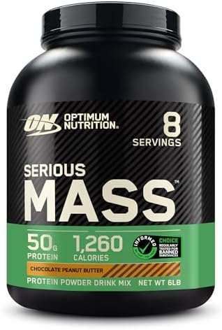 Optimum Nutrition Serious Mass, Weight Gainer Protein Powder, Mass Gainer, Vitamin C and Zinc for Immune Support, Creatine, Chocolate Peanut Butter, 6 Pound (Packaging May Vary)