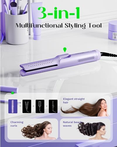 Wavytalk Airflow Styler Curling Iron, Cool Curl, 360° Cool Air Lock in Style for Lasting Curls, Reduces Damage, 2 in 1 Hair Straightener and Curler, 1 Inch, Anti-Scald for Short Long Hair, Purple