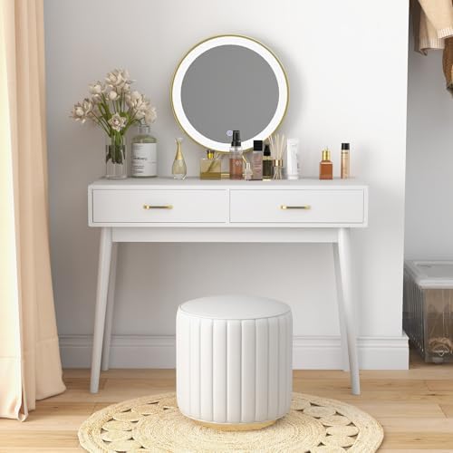 White Small Desk with Drawers - 40 Inch White Home Office Study Writing Desk for Bedroom, Vanity Desk with 4 Solid Legs, Modern Computer Desk for Small Spaces