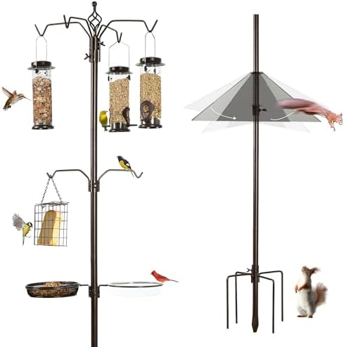 6-Hook Bird Feeding Station Kit, 94 Inch Heavy Duty Bird Feeder Stand Pole for Outdoors Hanging with 4 Feeders, Wide Metal Squirrel Baffle, Attracting Wild Birds