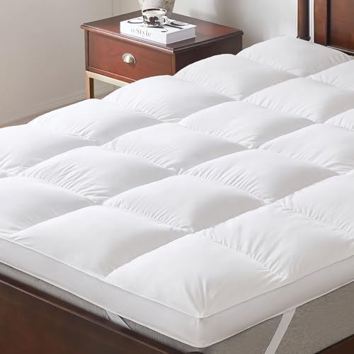 3 Inch White Goose Feather Mattress Topper,California King Size Feather Bed Topper,Mattress Cover with Straps,Ultra Soft Pillowtop,100% Organic Cotton Fabric(72”x84”)