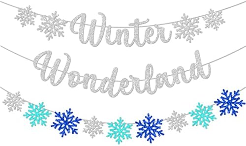 3Pcs Winter Wonderland Banners, Glittery Snowflake Banner Christmas Decorations Banners Winter Holiday Garland Photo Props Banner for Party Home Decor (Silver Blue)