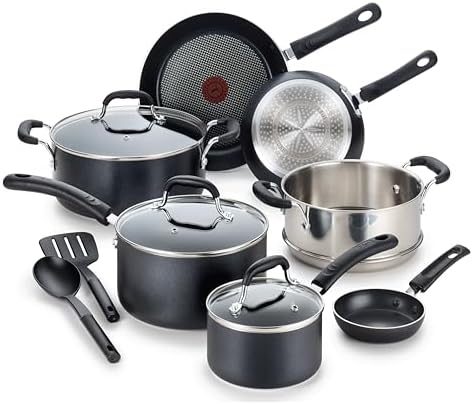 T-fal Experience Nonstick Cookware Set 12 Piece, Induction, Oven Broiler Safe 350F, Kitchen Cooking Set w/Fry Pans, Saucepan, Stockpot, Kitchen Utensils, Pots and Pans, Dishwasher Safe, Black