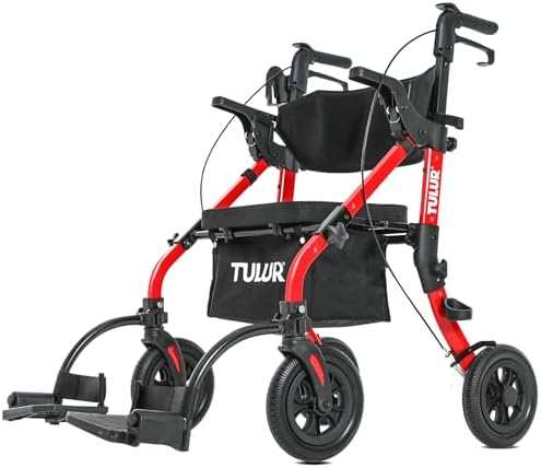 Rollator Walkers with Seat - 【Ultra-Compact】 All Terrain Rollator for Short People, Compact Walker for Seniors, 4 Wheels, Pre-Assembled (Bright Red)