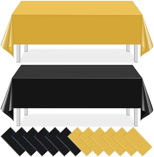 12 Pcs Black and Gold Plastic Tablecloths Bulk,54 x 108 Inch Disposable Rectangle Party Table Cloth Waterproof Table Cover for Birthday Wedding Anniversary Graduation Party Decorations Supplies