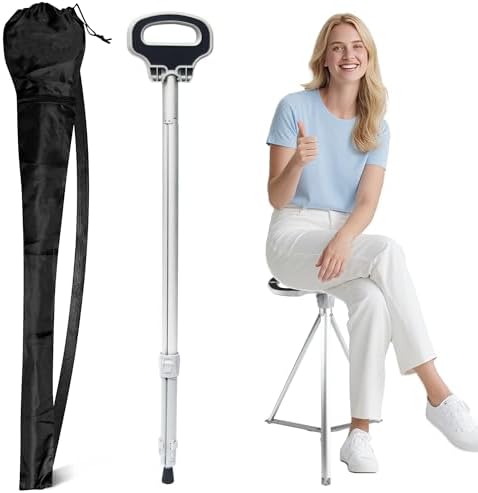 ALEVMOOM Walking Cane with Seat Folding Lightweight, 2-in-1 Cane Stool for Adults, Aluminum Walking Stick with Seat, Portable Stool for Senior, with Carry Bag