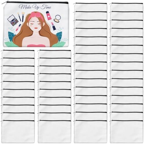 50Pcs Sublimation Blank Canvas Makeup Bags, Bulk Blank DIY Heat Transfer Cosmetic Makeup Bags w/Black Zipper Gift Box for Bridesmaid Makeup Bag Travel Toiletry Pouch Storage, Halloween Christmas Craft