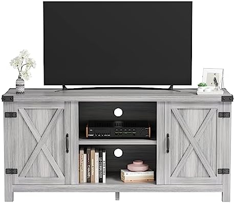 JUMMICO TV Stand, 65 Inch TV Farmhouse Entertainment Center with Double Barn Doors and Storage Cabinets, Console TV Table Media for Living Room, Bedroom (Grey)