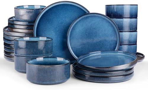 Famiware Star Plates and Bowls Sets, Modern Stoneware Dinnerware Sets for 8, 24-Piece Kitchen Dish Set - Microwave and Dishwasher Safe, Chip and Scratch Resistant, Nebulas Blue