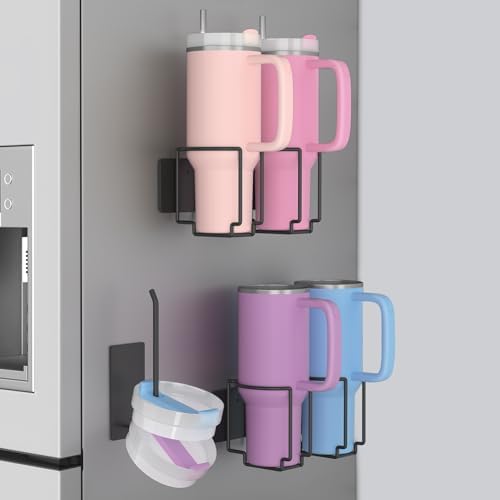 Magnetic Water Bottle Organizer for Stanley 40oz Tumbler with Handle, Magnetic Stanley Cup Holder Used on Refrigerator, Tumbler Lid Organizer Kitchen Organization Ideal for Fridge & Wall