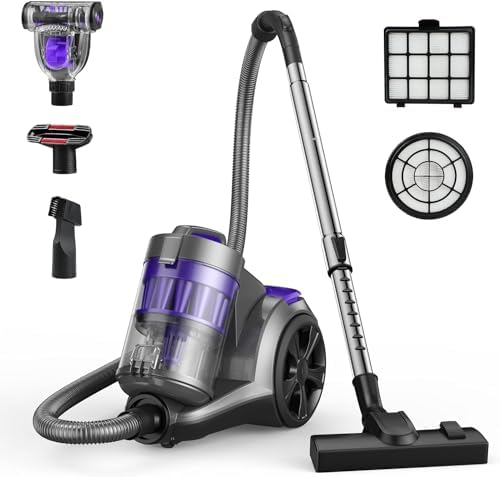 Aspiron 1700W Canister Vacuum Cleaner, 32Kpa Bagless Vacuum Cleaner, Multi-Cyclonic Filtration, 2 Anti-Allergen HEPA Filters, 3.5QT Dust Cup, 4 Tools, Corded Vacuum for Hard Floor, Pet Hair, Lavender