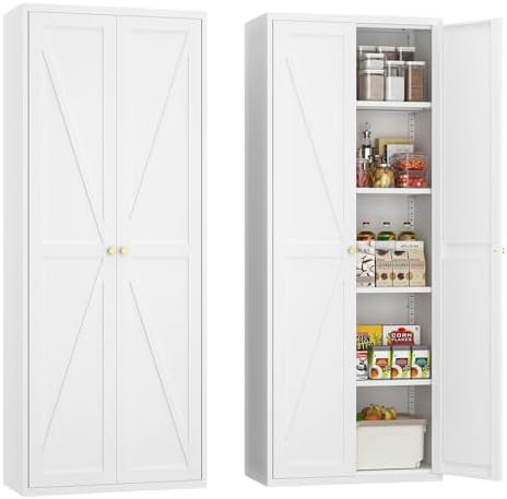 Pantry Cabinet,Tall Kitchen Pantry Storage Cabinet with Doors and Shelves,Metal Pantry Storage Cabinets,Cupboard for Living,Dining Room,White