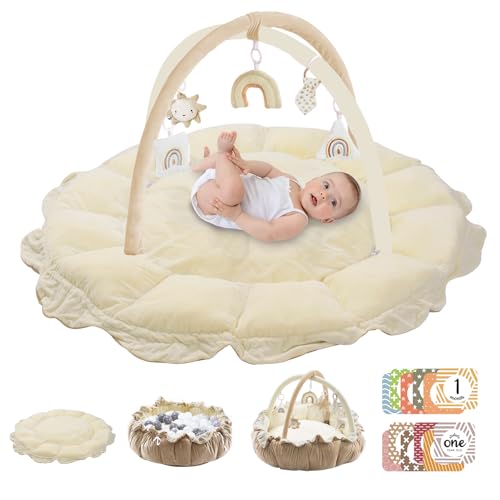 5-in-1 Convertible Baby Play Gym with 6 Toys, Tummy Time Mat for Sensory Development, Baby Activity Center from Newborn to Toddler, Ball Pit, Cat & Dog Bed, Soft Plush Pet Bed, No Ball Included Cream