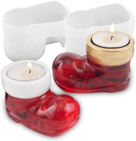 2PCS Christmas Boot Candle Holder Mold, Cute Holiday Tealight Jewelry Holder Epoxy Resin Casting Mold, 3D Irregular Christmas Ornament Storage Silicone Molds for Resin Concrete Winter Home Decor