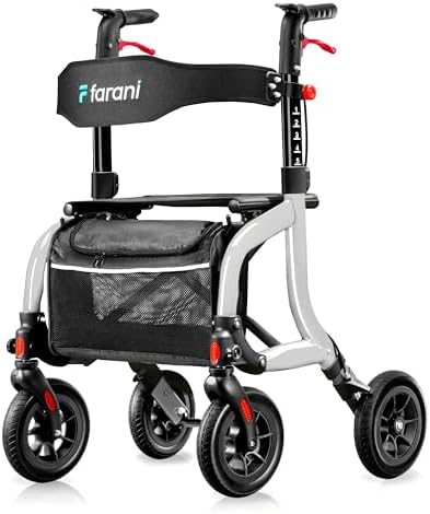 Farani All Terrain Rollator Walkers for Seniors, Lightweight Foldable Rolling Walker with Seat, Sturdy Integrated Molding Frame, Height-Adjustable Handles & Backbrest, 8" Rubber Wheels,Silver