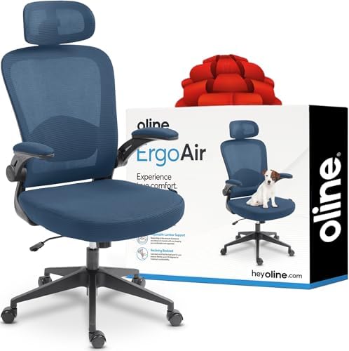 Oline ErgoAir Ergonomic Office Chair â€“ Adjustable Lumbar Support, Flip-Up Armrests, Mesh Computer Desk Chair, Swivel Rolling Executive Gaming Chair for Home & Office (Navy Blue)